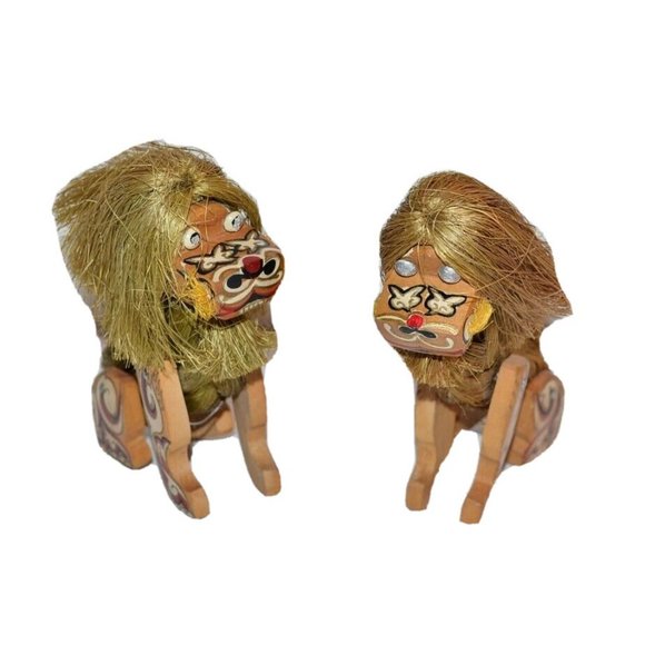 Wooden w/ Rope Lion Hand Made Tribal African Souvenir Collectible figures 2 pc - Picture 1 of 12